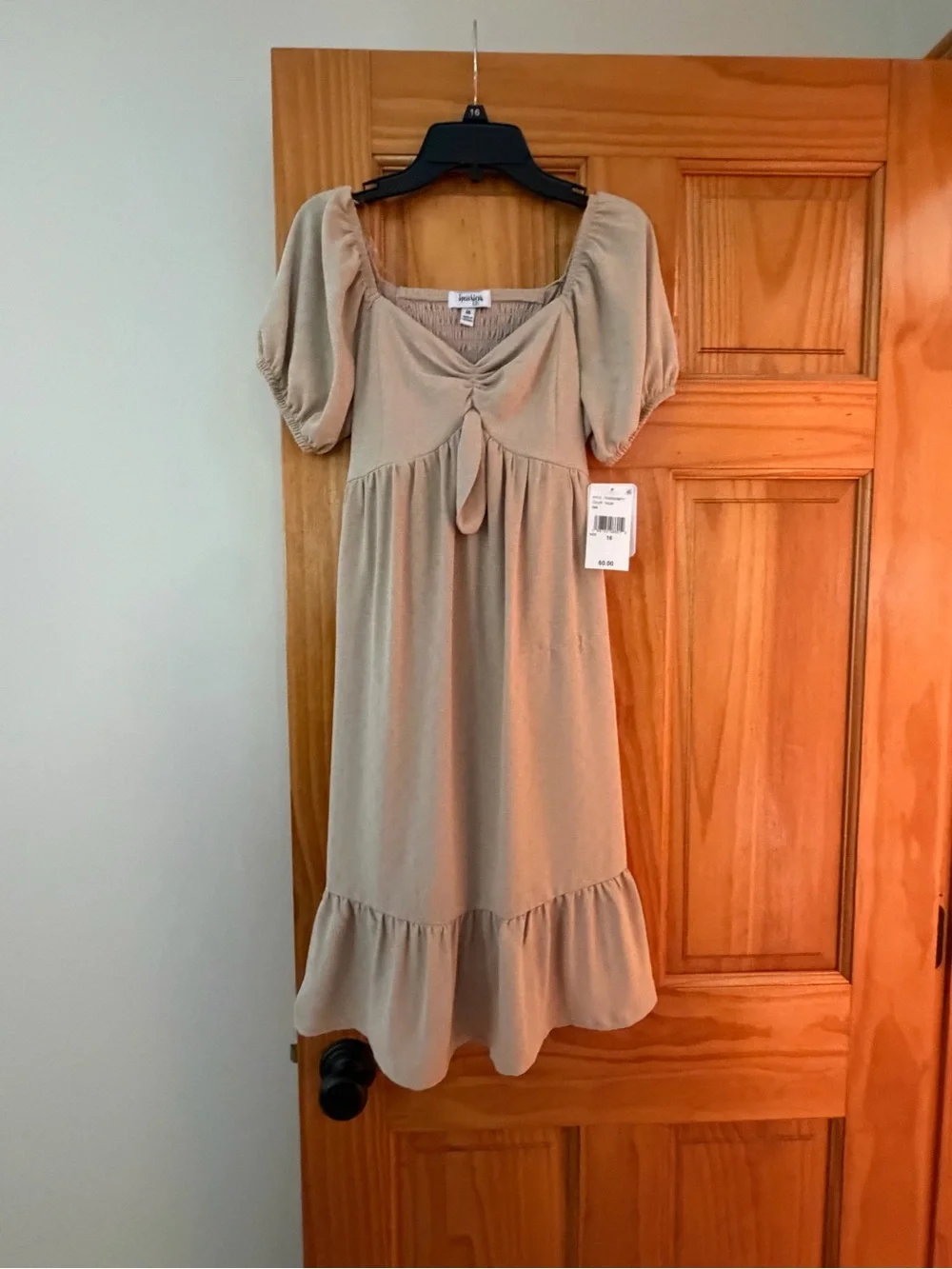 Speechless Beige Puff-Sleeve Midi Dress with Tie Front